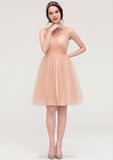 Bateau Sleeveless A-line/Princess Tulle Knee-Length Bridesmaid Dresses With Pleated Beading Isis STIP0025498