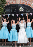 Bateau A-Line/Princess Tea-Length Organza Bridesmaid Dresses With Appliqued Rory STIP0025504