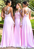 Sleeveless One-Shoulder Sweep Train A-line/Princess Chiffon Bridesmaid Dresseses With Appliqued Yasmine STIP0025506