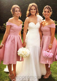 Sleeveless Off-the-Shoulder Tea-Length A-line/Princess Satin Bridesmaid Dresseses With Pleated Madalyn STIP0025508