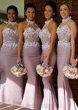 Halter Sleeveless Sweep Train Sheath/Column Satin Bridesmaid Dresses With Appliqued Cassie STIP0025515