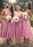 Sleeveless Sweetheart Tea-Length A-line/Princess Lace Bridesmaid Dresseses With Pleated Claire STIP0025518