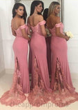 Sleeveless Off-the-Shoulder Sweep Train Sheath/Column Jersey Bridesmaid Dresseses With Lace Beading Setlla STIP0025519