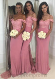 Sleeveless Off-the-Shoulder Sweep Train Sheath/Column Jersey Bridesmaid Dresseses With Lace Beading Setlla STIP0025519