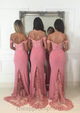 Sleeveless Off-the-Shoulder Sweep Train Sheath/Column Jersey Bridesmaid Dresseses With Lace Beading Setlla STIP0025519