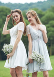 Short/Mini Scalloped Neck Short Sleeve Chiffon A-line/Princess Bridesmaid Dresseses With Lace Toni STIP0025520