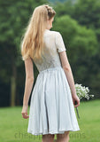 Short/Mini Scalloped Neck Short Sleeve Chiffon A-line/Princess Bridesmaid Dresseses With Lace Toni STIP0025520