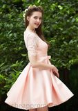 Bateau Short Sleeve Short/Mini A-line/Princess Satin Bridesmaid Dresses With Waistband Pleated Lace Michelle STIP0025521