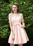 Bateau Short Sleeve Short/Mini A-line/Princess Satin Bridesmaid Dresses With Waistband Pleated Lace Michelle STIP0025521