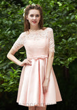 Bateau Short Sleeve Short/Mini A-line/Princess Satin Bridesmaid Dresses With Waistband Pleated Lace Michelle STIP0025521