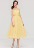 Bateau Short Sleeve A-line/Princess Tulle Tea-Length  Bridesmaid Dresses With Pleated Lace Adelaide STIP0025522