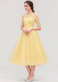 Bateau Short Sleeve A-line/Princess Tulle Tea-Length  Bridesmaid Dresses With Pleated Lace Adelaide STIP0025522