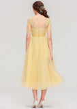 Bateau Short Sleeve A-line/Princess Tulle Tea-Length  Bridesmaid Dresses With Pleated Lace Adelaide STIP0025522