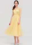 Bateau Short Sleeve A-line/Princess Tulle Tea-Length  Bridesmaid Dresses With Pleated Lace Adelaide STIP0025522