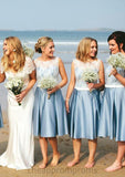 Bateau A-Line/Princess Knee-Length Satin Bridesmaid Dresses With Lace Waistband Edith STIP0025530