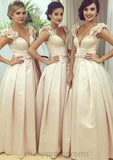 Sleeveless V Neck Long/Floor-Length A-line/Princess Satin Bridesmaid Dresseses With Pleated Waistband Lindsay STIP0025536