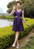 Sleeveless V Neck Knee-Length A-line/Princess Satin Bridesmaid Dresses With Bowknot Pleated Jaidyn STIP0025559