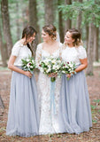 Short Sleeve Scoop Neck Long/Floor-Length A-line/Princess Tulle Bridesmaid Dresseses With Lace Mariam STIP0025563