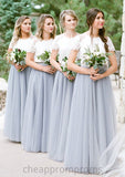 Short Sleeve Scoop Neck Long/Floor-Length A-line/Princess Tulle Bridesmaid Dresseses With Lace Mariam STIP0025563