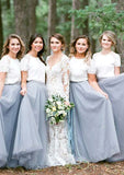 Short Sleeve Scoop Neck Long/Floor-Length A-line/Princess Tulle Bridesmaid Dresseses With Lace Mariam STIP0025563