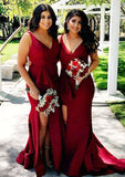 Sleeveless V Neck Court Train Sheath/Column Elastic Satin Bridesmaid Dresseses With Split Jessica STIP0025567