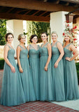 Sleeveless V Neck Tulle Long/Floor-Length A-line/Princess Bridesmaid Dresseses With Pleated Kathryn STIP0025578