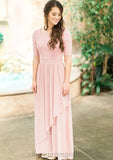 Scoop Neck Short Sleeve Ankle-Length A-line/Princess Chiffon Bridesmaid Dresses With Lace Pleated Pearl STIP0025580