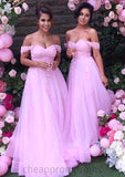 Sleeveless Off-the-Shoulder Long/Floor-Length Tulle A-line/Princess Bridesmaid Dresseses With Lace Chasity STIP0025589