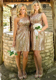 A-line/Princess One-Shoulder Short/Mini Sequined A-line/Princess Bridesmaid Dresseses Larissa STIP0025592