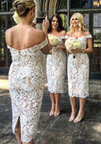 Sheath/Column Off-the-Shoulder Tea-Length Sheath/Column Lace Bridesmaid Dresseses With Split Areli STIP0025601