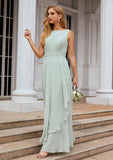 A-line Bateau Sleeveless Chiffon Long/Floor-Length Bridesmaid Dresses Ruffles Pleated Silvia STIP0025608