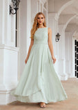 A-line Bateau Sleeveless Chiffon Long/Floor-Length Bridesmaid Dresses Ruffles Pleated Silvia STIP0025608