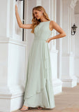 A-line Bateau Sleeveless Chiffon Long/Floor-Length Bridesmaid Dresses Ruffles Pleated Silvia STIP0025608