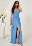 A-line V Neck Sleeveless Chiffon Long/Floor-Length Bridesmaid Dresses With Pleated Split Princess STIP0025609