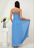 A-line V Neck Sleeveless Chiffon Long/Floor-Length Bridesmaid Dresses With Pleated Split Princess STIP0025609