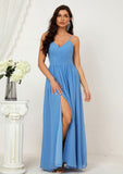 A-line V Neck Sleeveless Chiffon Long/Floor-Length Bridesmaid Dresses With Pleated Split Princess STIP0025609