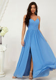 A-line V Neck Sleeveless Chiffon Long/Floor-Length Bridesmaid Dresses With Pleated Split Princess STIP0025609