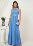 A-line Halter Sleeveless Chiffon Long/Floor-Length Bridesmaid Dresses With Pleated Jayla STIP0025610