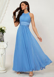 A-line Halter Sleeveless Chiffon Long/Floor-Length Bridesmaid Dresses With Pleated Jayla STIP0025610