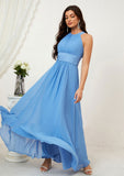 A-line Halter Sleeveless Chiffon Long/Floor-Length Bridesmaid Dresses With Pleated Jayla STIP0025610