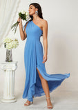 A-line One-Shoulder Sleeveless Chiffon Long/Floor-Length Bridesmaid Dresses With Pleated Split Denisse STIP0025613