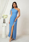 A-line One-Shoulder Sleeveless Chiffon Long/Floor-Length Bridesmaid Dresses With Pleated Split Denisse STIP0025613