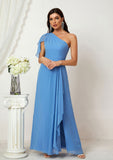 A-line One-Shoulder Sleeveless Chiffon Long/Floor-Length Bridesmaid Dresses With Pleated Split Denisse STIP0025613