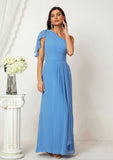 A-line One-Shoulder Sleeveless Chiffon Long/Floor-Length Bridesmaid Dresses With Pleated Split Denisse STIP0025613