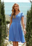 A-line V Neck Short Sleeve Chiffon Short/Mini Bridesmaid Dresses With Pleated Lexi STIP0025614