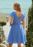 A-line V Neck Short Sleeve Chiffon Short/Mini Bridesmaid Dresses With Pleated Lexi STIP0025614