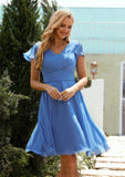 A-line V Neck Short Sleeve Chiffon Short/Mini Bridesmaid Dresses With Pleated Lexi STIP0025614