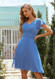 A-line V Neck Short Sleeve Chiffon Short/Mini Bridesmaid Dresses With Pleated Lexi STIP0025614