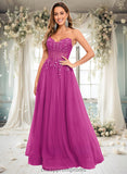 Kamila Ball-Gown/Princess V-Neck Floor-Length Tulle Prom Dresses With Sequins Appliques Lace STIP0025837