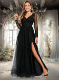 Kathleen A-line V-Neck Floor-Length Tulle Prom Dresses With Sequins Appliques Lace Beading STIP0025834